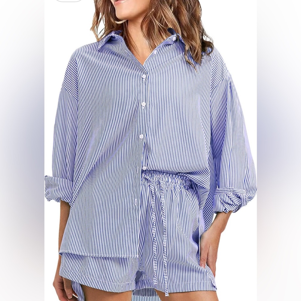 Exlura Striped Tie-Front Shirt in Light Blue & White